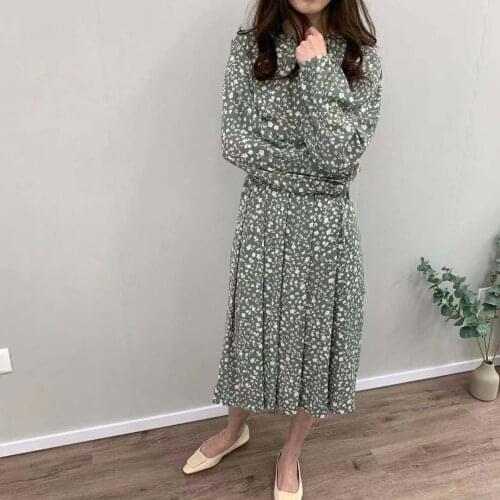 2020 spring floral printing blouses dress korean women lantern sleeve midi dress back button vestidos