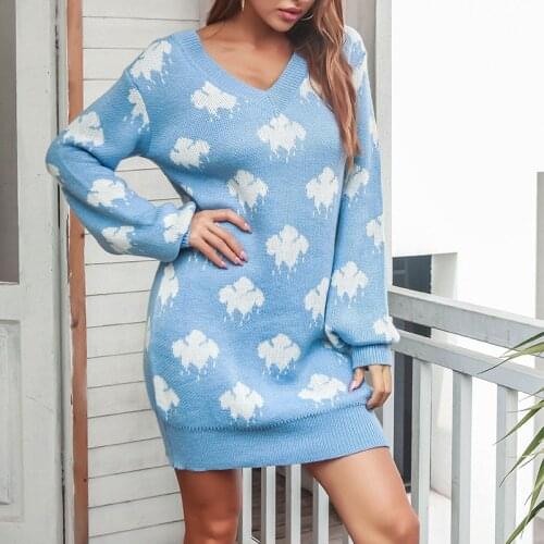 Foridol Cloud Rain Printed Women Sweater Dress Lantern Sleeve V Neck Straight Casual Knitted Dress Blue Autumn Winter Dress