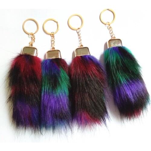 12pcs/lot Purple Red Green Tails keychains Faux Fox Fur Pompons Car Key Ring Women Bag Charms Long Fur Tail Off White Key Chains