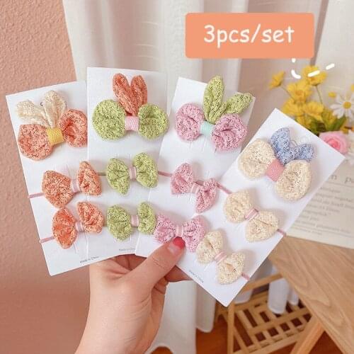 3pcs/set Lace Rabbit Bowknot Hair Clips and Hair Bands Set For Baby Girls Kids Children Hair Clips Tie Solid Ribbon Barrettes