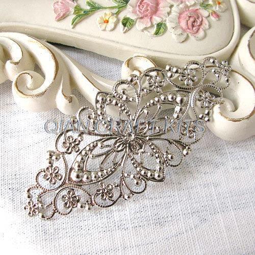 80pcs Silver plated openwork slice LARGE charms metal pendant - filigree stamping 80x35mm