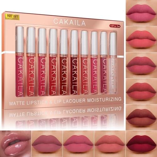 10Pcs/Box Matte Nude Velvet Liquid Lipstick LipGloss And Transparent Clear Lip Oil Lips Lacquer Makeup Set Waterproof