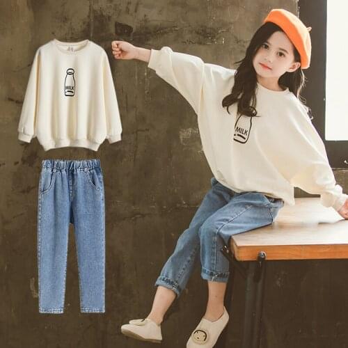 Kids Clothes Girls Autumn Printing Sweatshirt Long Sleeve Pullover + Jeans Girls Clothing Sets Toddler Kids for 4 6 8 12 Years