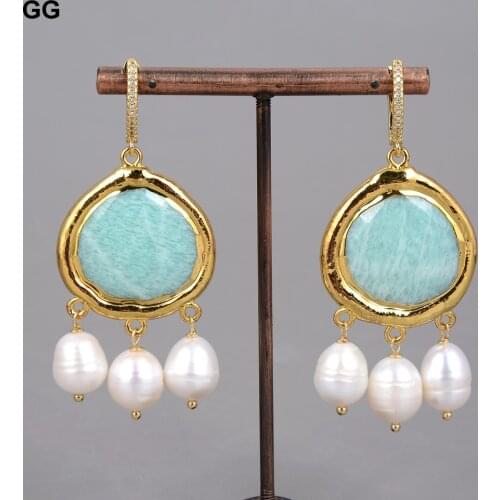 GG Jewelry Natural Green Amazonites Cultured White Rice Pearl Dangle Earrings Ethnic Style For Women Lady Girl Gift Jewelry