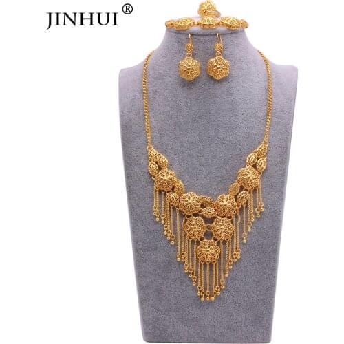 Dubai 24K gold filled Jewelry sets for women Tassel ball necklace Bracelet earring Ring indian wedding bridal jewelery gifts set