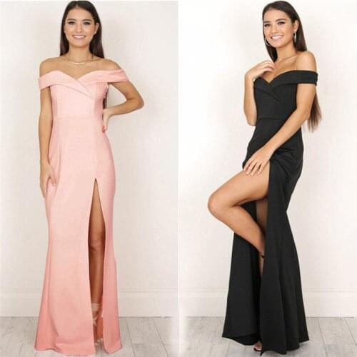 HOT Off The Shoulder High Waist Floor Length Split Elegant Summer Long Dress Party Dresses Pink Black 3XL