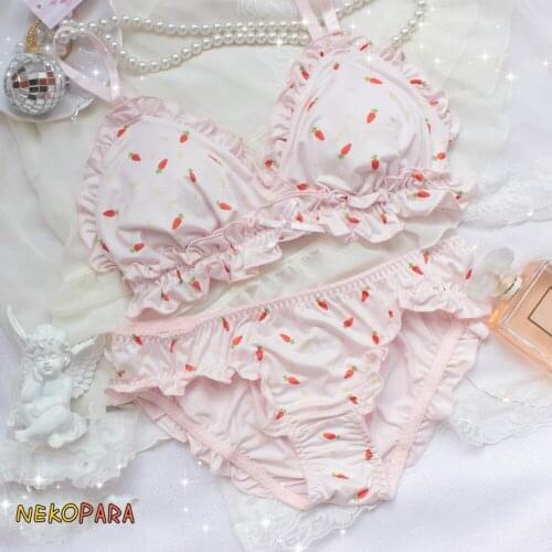 Carrot Cute Japanese Milk Silk Bra & Panties Set Wirefree Soft Underwear Sleep Intimates Set Kawaii Lolita Pink