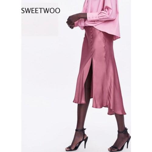 Fashion Pink Satin light skirt women asymmetric Rivet high slit design slim Office lady Summer casual Draped midi skirt