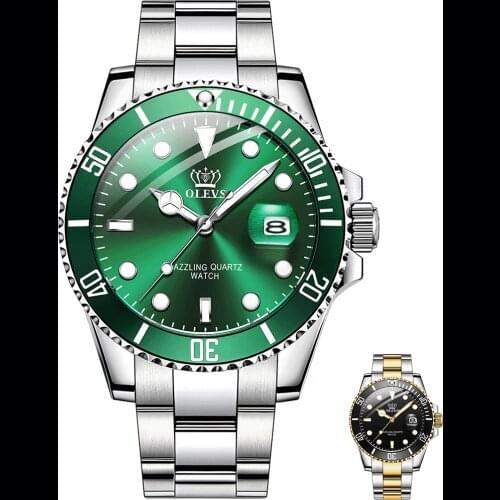 OLEVS Quartz Watch Men Top Brand Luxury Waterproof Watches Mens Stainless Steel Sports Date Male Wristwatches Green Water Ghost