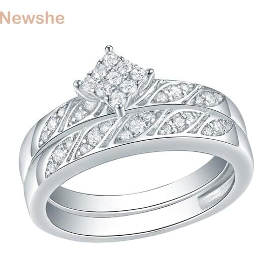Newshe 2 Pcs Wedding Rings For Women 925 Sterling Silver Round Cut AAA CZ Rhombus Shape Eternity Engagement Ring Set