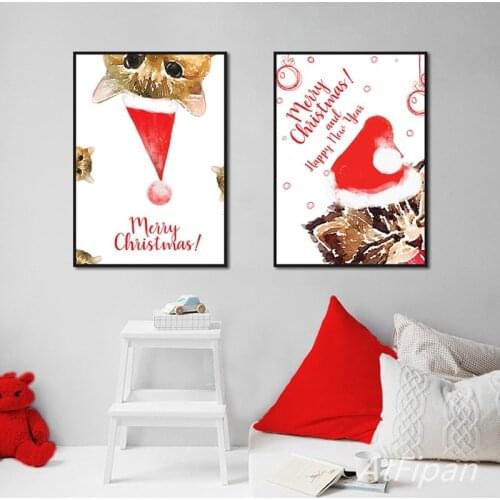 Wall Art Home Merry Christmas Cute Red Cat Picture Decor Painting Canvas Prints Poster Modern For Living Room Bedroom