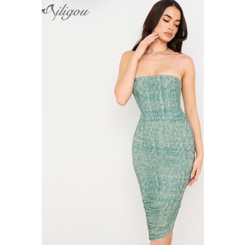 Ailigou New Womens Ruffled Strapless Bodycon Dress Womens Midi Print Sexy Party Dress 2021 Off Shoulder Summer Dress Vestidos