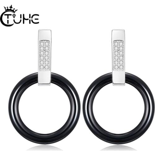 New Simple Hollow Circle Stud Earrings Black Ceramic Elegant Ear Jewelry For Women With AAA Crystal Top Quality Fashion Jewellry
