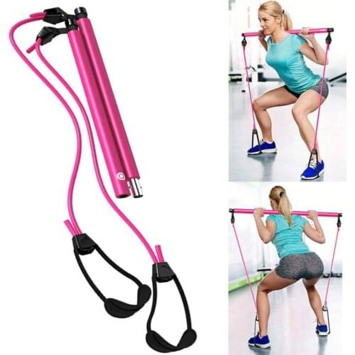Portable Pilates Bar Kit with Adjustable Resistance Band for Different Height, Home Gym Exercise Stick Yoga Bar with Foot Loop