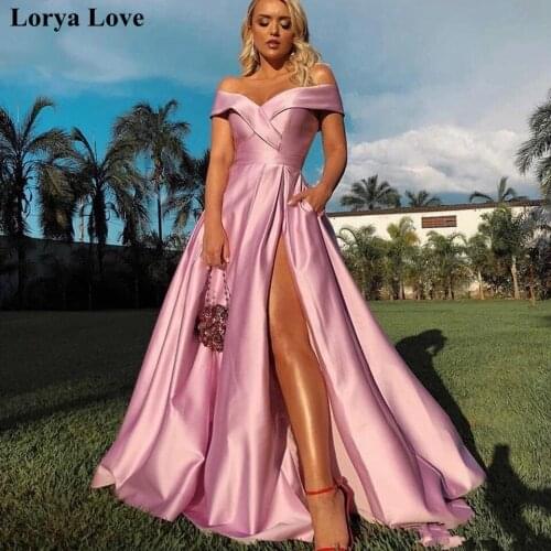 Pink Long Prom Dresses 2020 Split Evening Gowns For Women Formal Party Elegant Off Shoulder Satin A-Line Simple Robe De Soiree