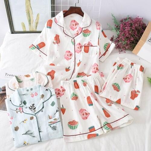 Spring Summer Pure Cotton Gauze Three-piece Japanese Thin Pajamas Women Short-sleeved Breathable Printing Plus Size Home Service