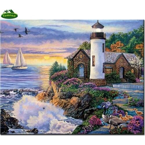 YUMEART Needlework Diamond Painting Cross Stitch Seaside Town House Lighthouse Handmade Diamond Embroidery Patchwork Mosaic Kits
