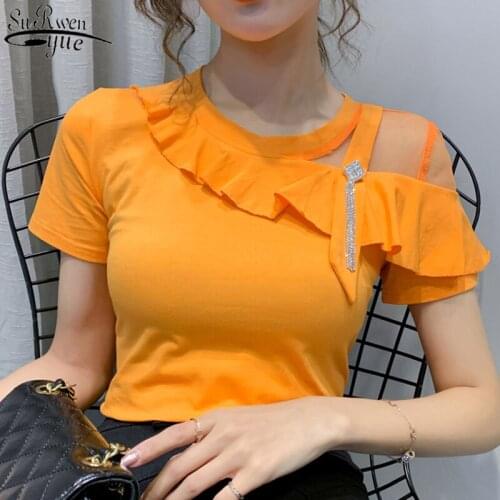 Sexy Off Shoulder Lace Stitching Women Shirt 2021 Casual Cotton Solid Short Sleeve Blouse Women Slim Ladies Tops Summer 10061