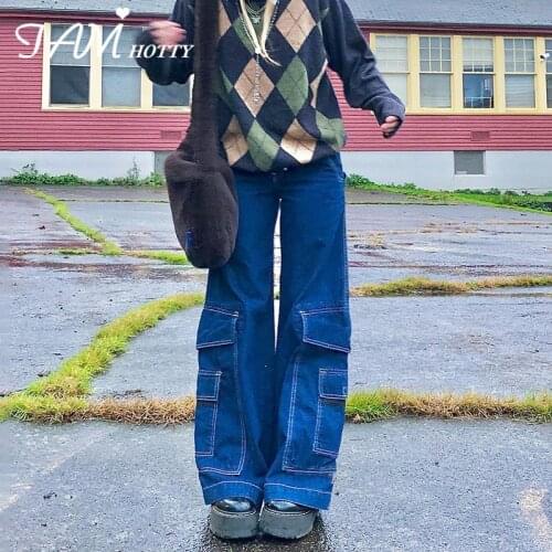 Big Pockets Patchwork Womens Wide Leg Jeans For Girls Y2K High Waist Mom Baggy Denim Aesthetic Streetwear Trousers 90s Iamhotty