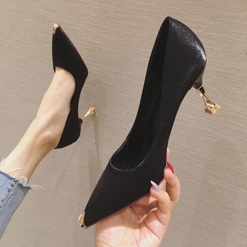 Womens High Heels Korean Version of All-match Single Shoes Autumn Metal Toe Mid-heel Stiletto Pumps Women Professional Shoes