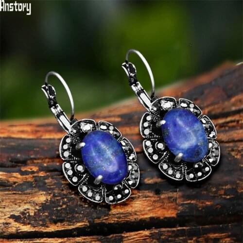 Vintage Plumflower Natural Lapis Lazuli Rhinestone Earrings For Women Tibetan Silver Plated Natural Stone Tiger Eye Earring