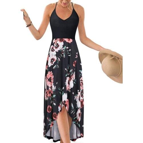 Plus Size Strap Patchwork Irrrgular Long Dress Women Summer V-Neck Backless Sexy Dress Boho Beach Casual Floral Printing