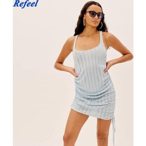 New Summer Women Sleeveless Bodycon Elastic Mini Dress Sexy Club Celebrity Party Stretchy Blue Dress Vestidos