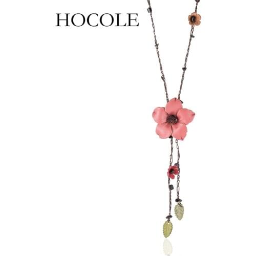 HOCOLE Beautiful Women Necklace Statement Leather Flower Necklaces & Pendants Stone Beads Long Chain Necklace For Women Jewelry