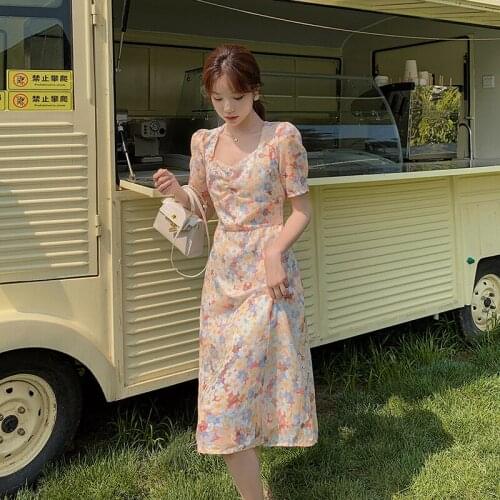 Women Midi Floral Dress Summer 2021 Runway Elegant Vintage Boho French Retro Fairy Casual Beach Vacation Party Vestidos New