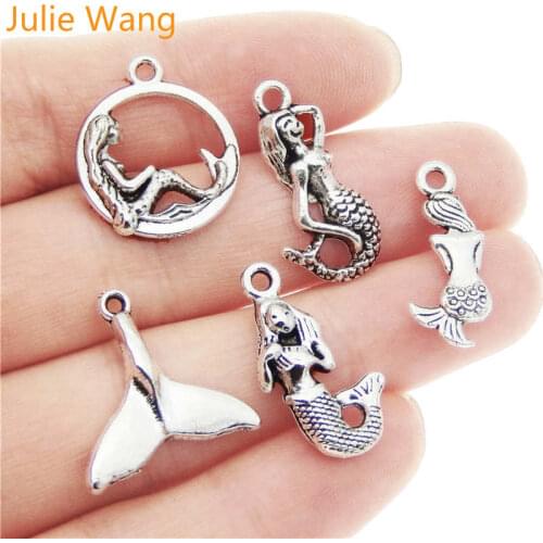 Julie Wang 15pcs Mixed Mermaid Charms Alloy Vintage Antique Silver Color Necklace Pendants Jewelry Making Accessory