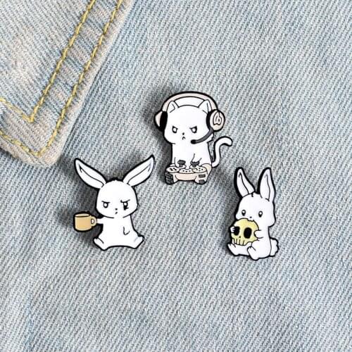 Animals Rabbit Cat Enamel Pins Eating Skull Drink Play Games Cartoon Brooches Badges Cute Lapel Pins for Friends Gift Wholesale