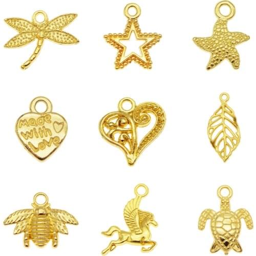Julie Wang New 20PCS Alloy Animal Charms Gold Tone Star Dragonfly Heart Pendant Earrings Bracelet Jewelry Making Accessory