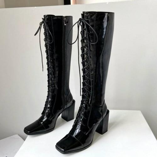 2021 Fashion Sqaure Toe Leather Knee High Boots Autumn Winter Women Boots Chunky High Heels Zipper Female Shoes