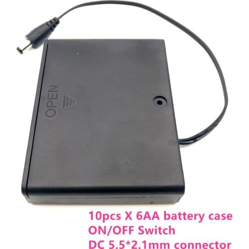 Free shipping 10pcs 9V 6XAA battery box with ON OFF switch DC 5.5*2.1mm jack plug high quality