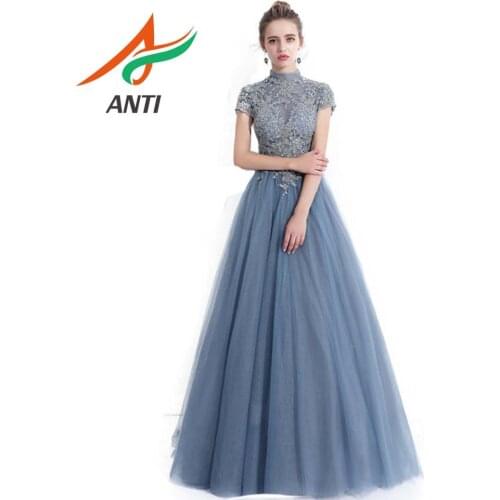 ANTI abiye Ocean Blue Long Evening Dresses High Neck Short Sleeves Appliques Tulle A-Line Formal Party Gowns Plus Size LM528