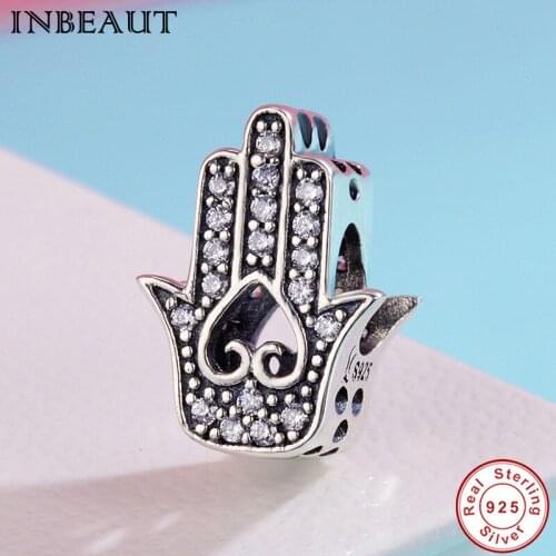 Hot Sale Genuine 925 Sterling Silver Round White Zircon Paved Hand Fatima Charms Bead fit Europe Bracelet DIY Jewelry Making