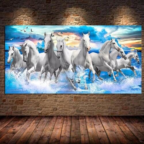 Seven Running White Horse Animals Painting Artistic Canvas Art Gold Posters and Prints Modern Wall Art Pictures for Living Room