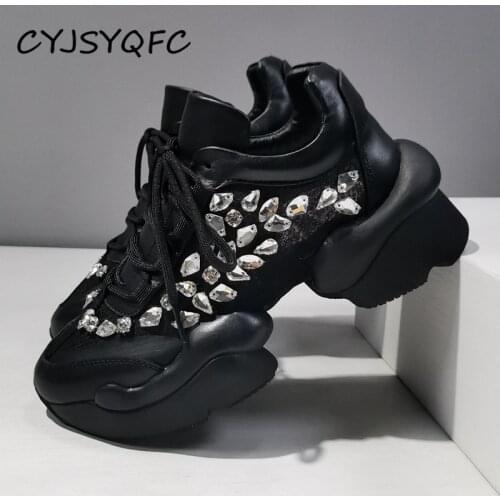 CYJSYQFC Genuine Leather Rhinestone High Platform Women Sneakers Breathable Mesh Lace Up Thick Bottom Ladies Casual Sports Shoes