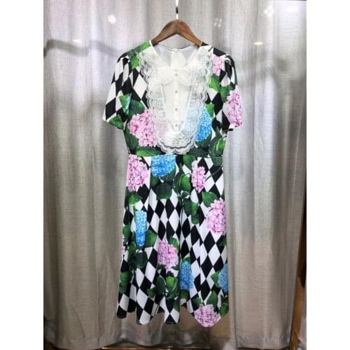 Fashion Lace Patchwork Good Quality Plaid Long Dresses Short Sleeves Summer Floral Ball Gown Dress Clothes Vestidos