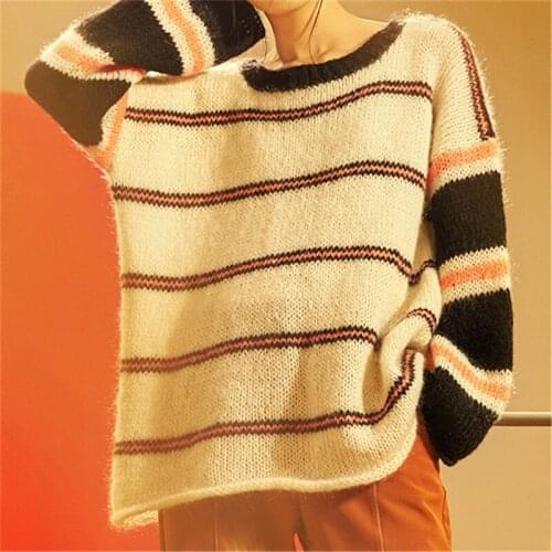 New arrival 100% hand made wool Oneck knit women fashion contrast color striped H-straight pullover sweater one&over size
