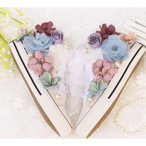 Spring New Styles Of Genuine High-top Canvas Shoes Women Flowers Korean Style Trendy Single Shoes Lace-up Shoes