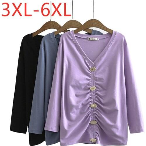 New 2021 ladies spring autumn plus size knit basic tops for women large long sleeve cotton button V neck T-shirt 3XL 4XL 5XL 6XL