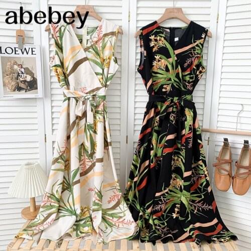 Fashion V-neck sleeveless Dress high waist lace up waist print mid-length A-line split Dress 2021 New Summer Women