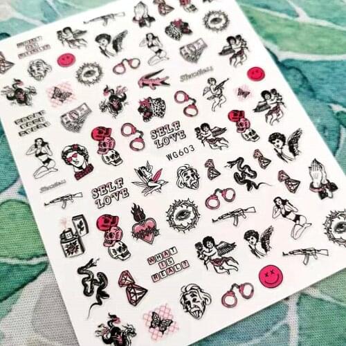 Newest WG 603 design 3d nail sticker template back glue DIY nail decal decoration tools for nail art design