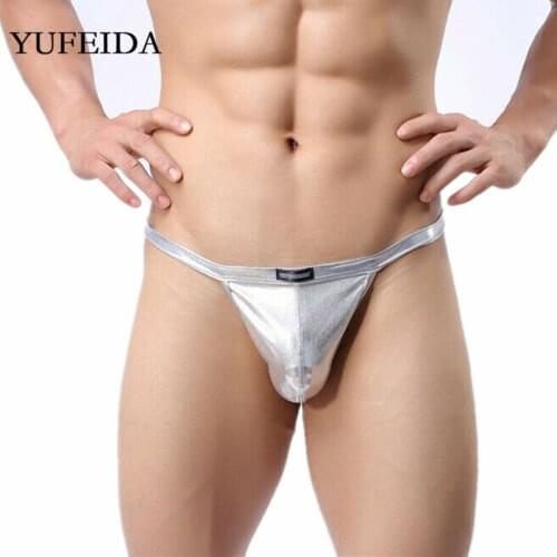YUFEIDA Sexy Mens Underwear Thongs G-strings Low Rise Underpants T-back Thongs Faux Leather Gay Sissy Panties Mens Thongs Pouch