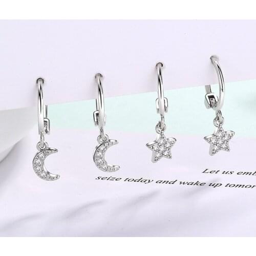 925 Sterling Silver Prevent Allergy Crystal Star Moon Stud Earrings For Women Girls Female Wedding Fashion Jewelry eh1244