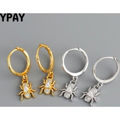 YPAY 100% Genuine 925 Sterling Silver Hoop Earrings for Women Ladies Animal Spider Pendant Earring Punk Party Jewelry YME677