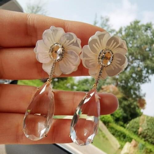White shell Earrings For Women Luxurious Flower Tassel Fashion Jewelry Girls Luxury Champagne Gold Crystal Zircon Wedding Gift