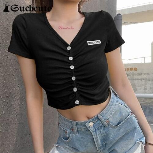 SUCHCUTE Streetwear Fashion Letter Print Tshirts For Women Summer V-Neck Casual Skinny Cute Crop Tops Korean Button Up Tops Tee