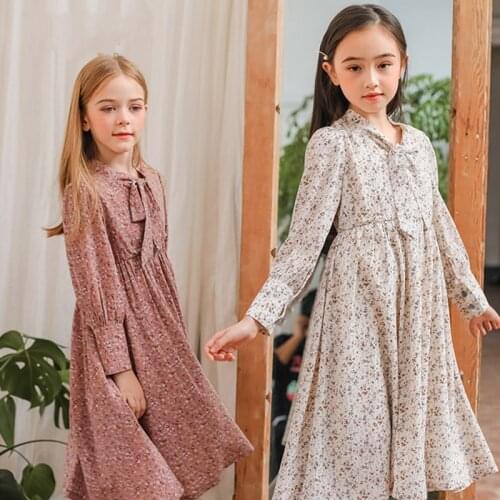 Spring Chiffon Dress For 5 - 14 Years Girls Long Sleeve Floral Print Long Gowns Children Teen Casual Outdoor Dresses Clothing